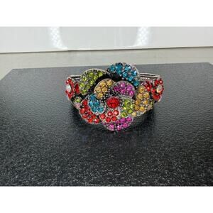 Rhinestone Hinge Cuff Bracelet Jewelry Flower Bold Statement Boho Hippie Floral